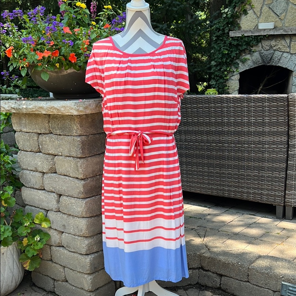 Boden Coral, White & Blue Striped Tie-Waist Midi Dress